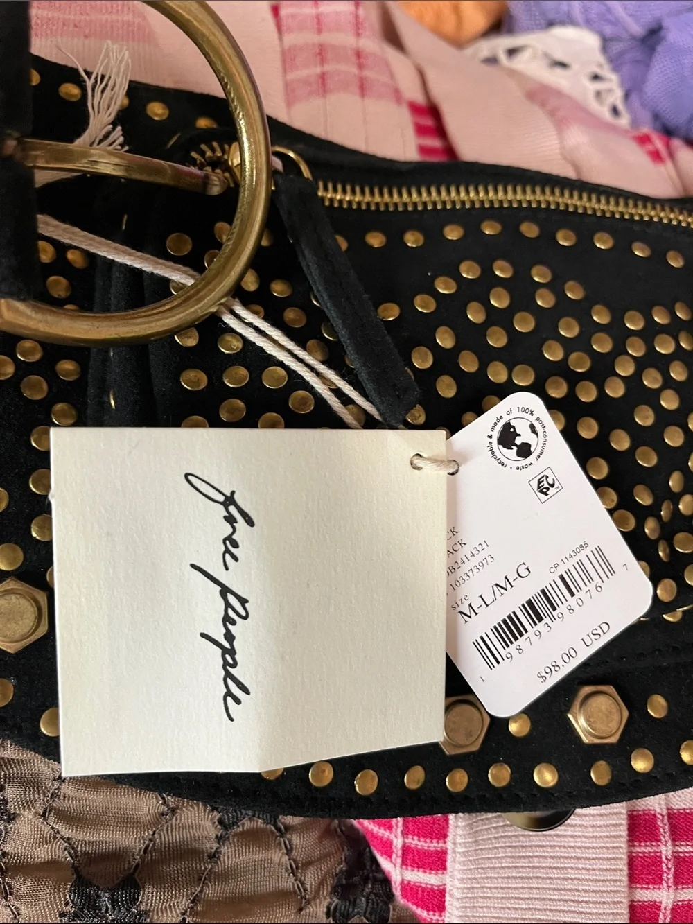 Free People M/L New with Tags Studded Black Suede Waist Bag Belt